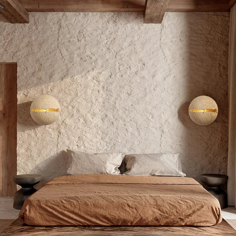 DecorBites™ Dino Egg Stone Wall Lamp Yellow Travertine Hemisphere LED Sconce