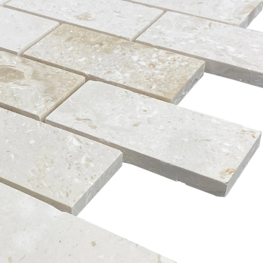 Shell Stone Limestone Brick Mosaic Tile - Honed 2x4 Mesh Backed