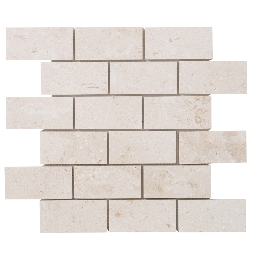 Shell Stone Limestone Brick Mosaic Tile - Honed 2x4 Mesh Backed