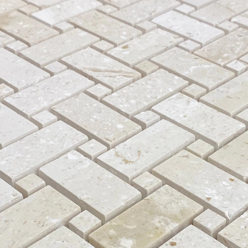 Natural Limestone Basketweave Mosaic Tile 12x12 - Soft White Beige Tones Pre Mounted