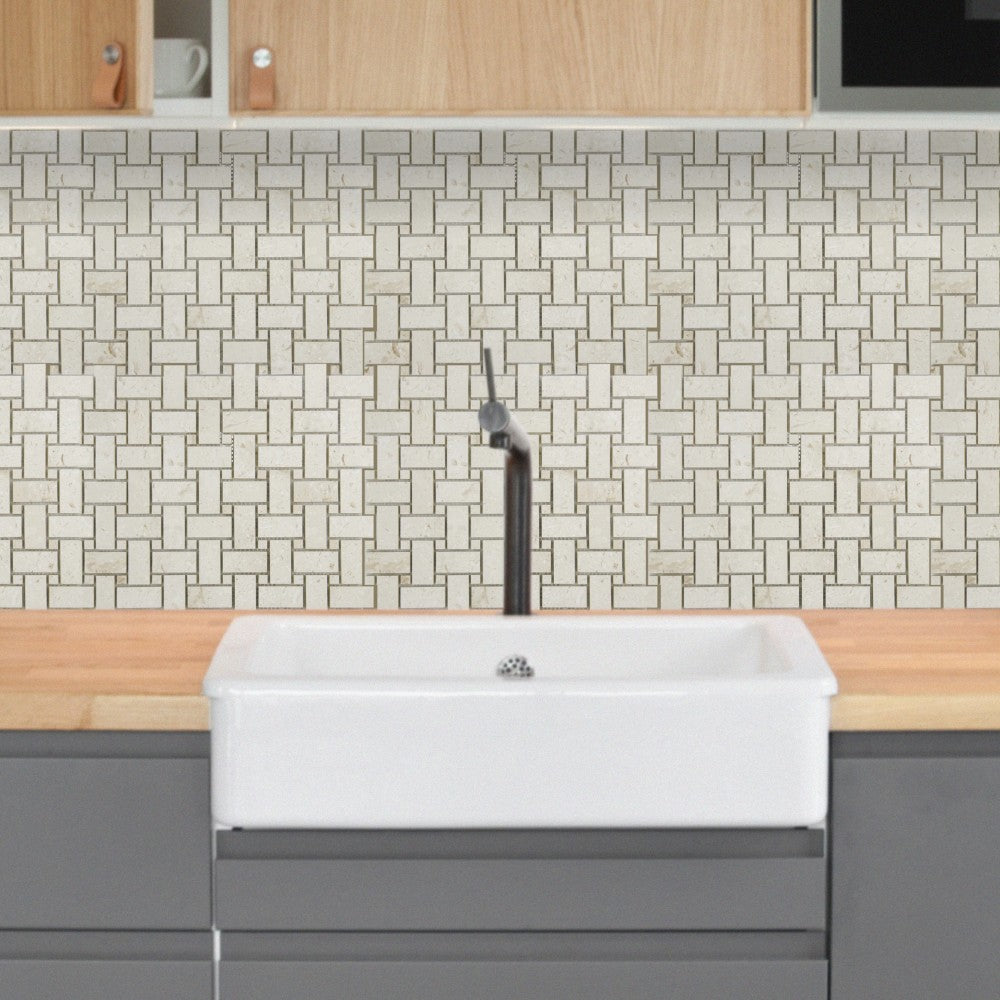 Natural Limestone Basketweave Mosaic Tile 12x12 - Soft White Beige Tones Pre Mounted