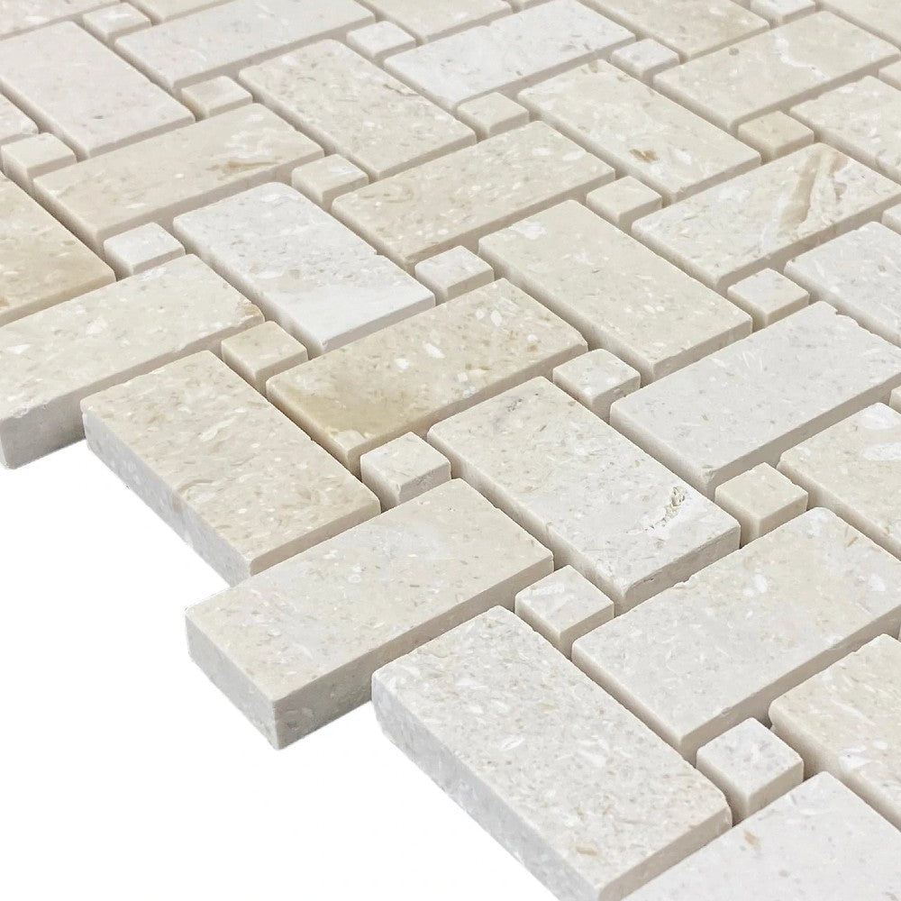 Natural Limestone Basketweave Mosaic Tile 12x12 - Soft White Beige Tones Pre Mounted