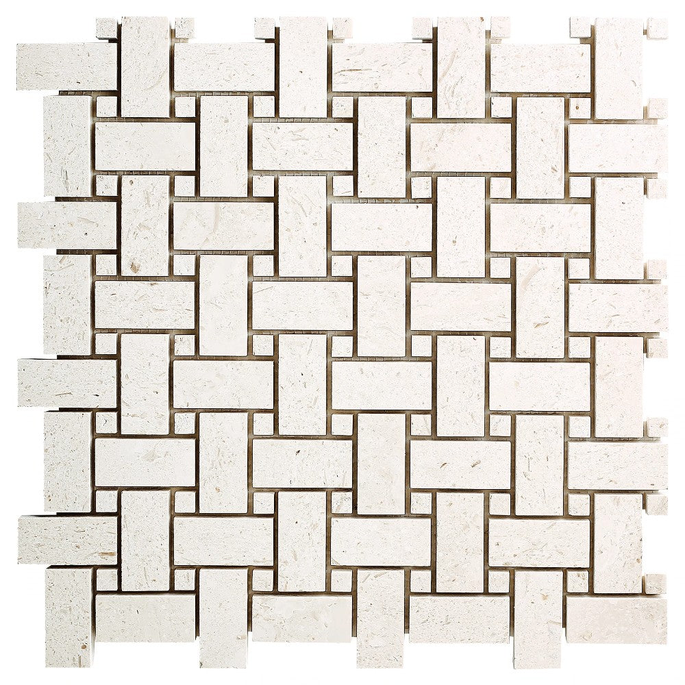 Natural Limestone Basketweave Mosaic Tile 12x12 - Soft White Beige Tones Pre Mounted