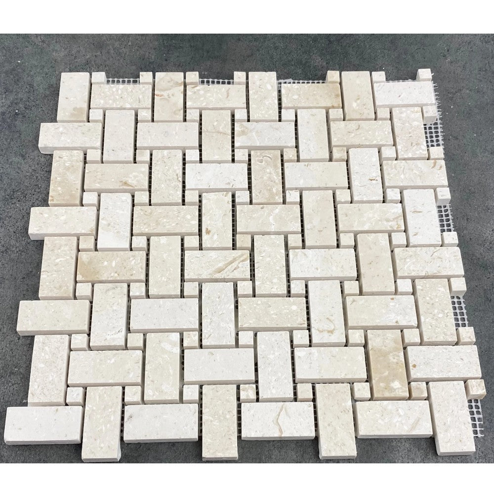 Natural Limestone Basketweave Mosaic Tile 12x12 - Soft White Beige Tones Pre Mounted
