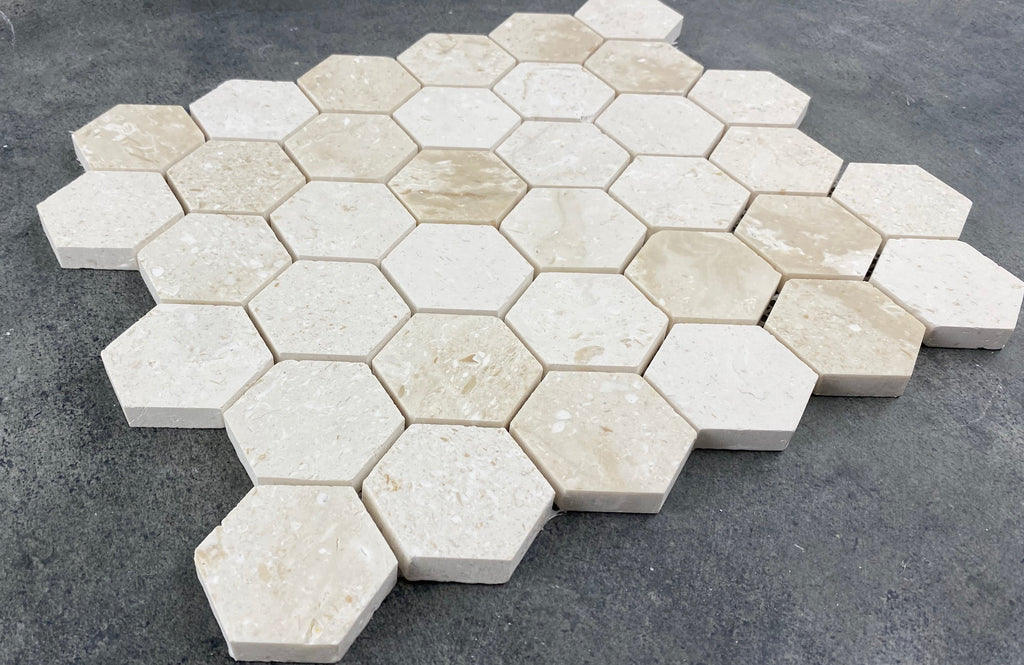 Shell Stone Limestone 2 Inch Hexagon Honed Mosaic Tile 12x12