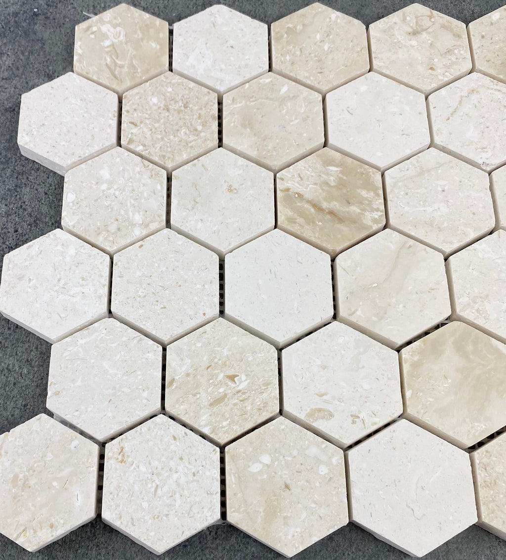 Shell Stone Limestone 2 Inch Hexagon Honed Mosaic Tile 12x12