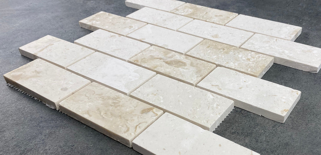 Shell Stone Limestone Brick Mosaic Tile - Honed 2x4 Mesh Backed