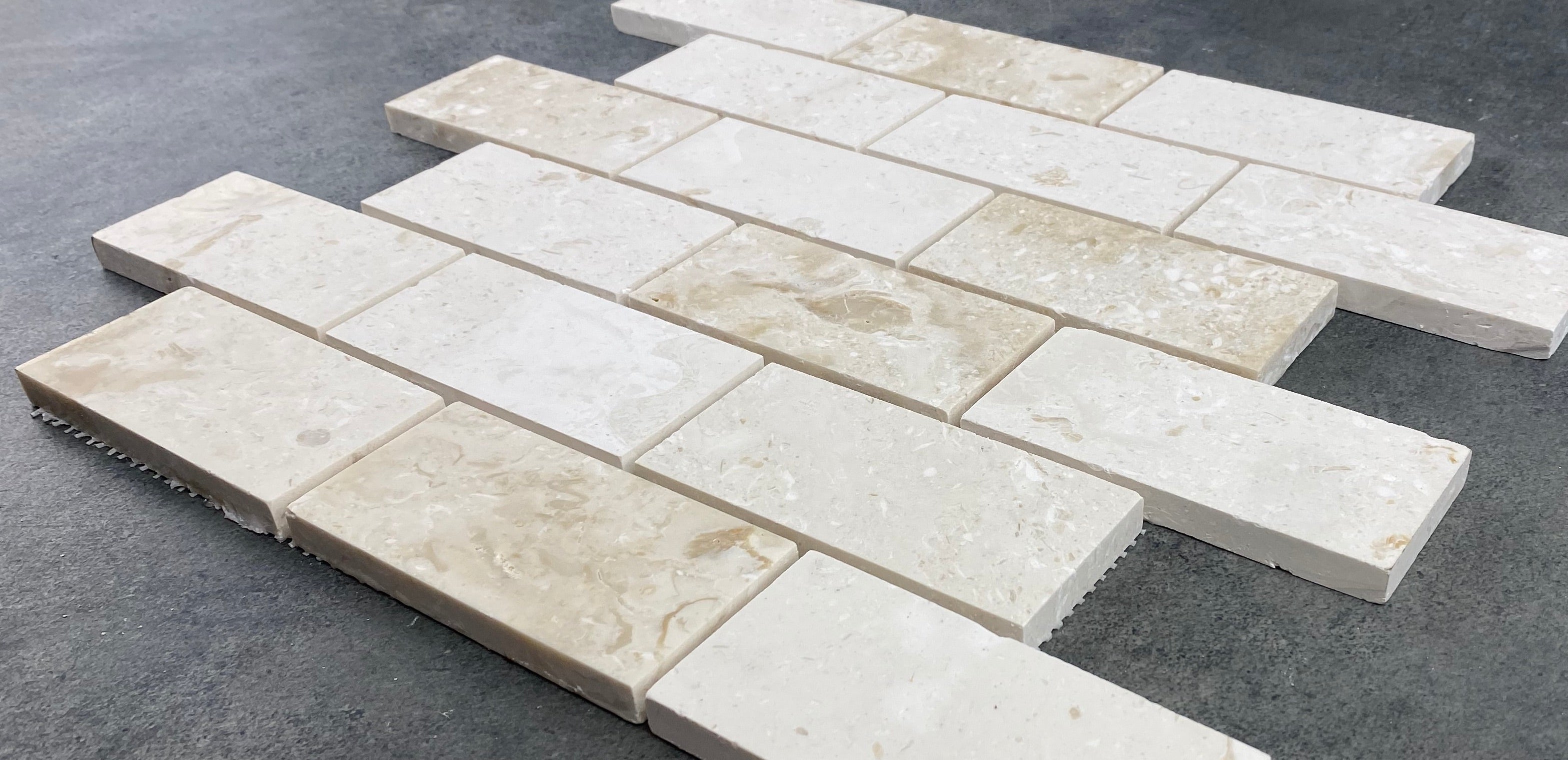 Shell Stone Limestone Brick Mosaic Tile - Honed 2x4 Mesh Backed