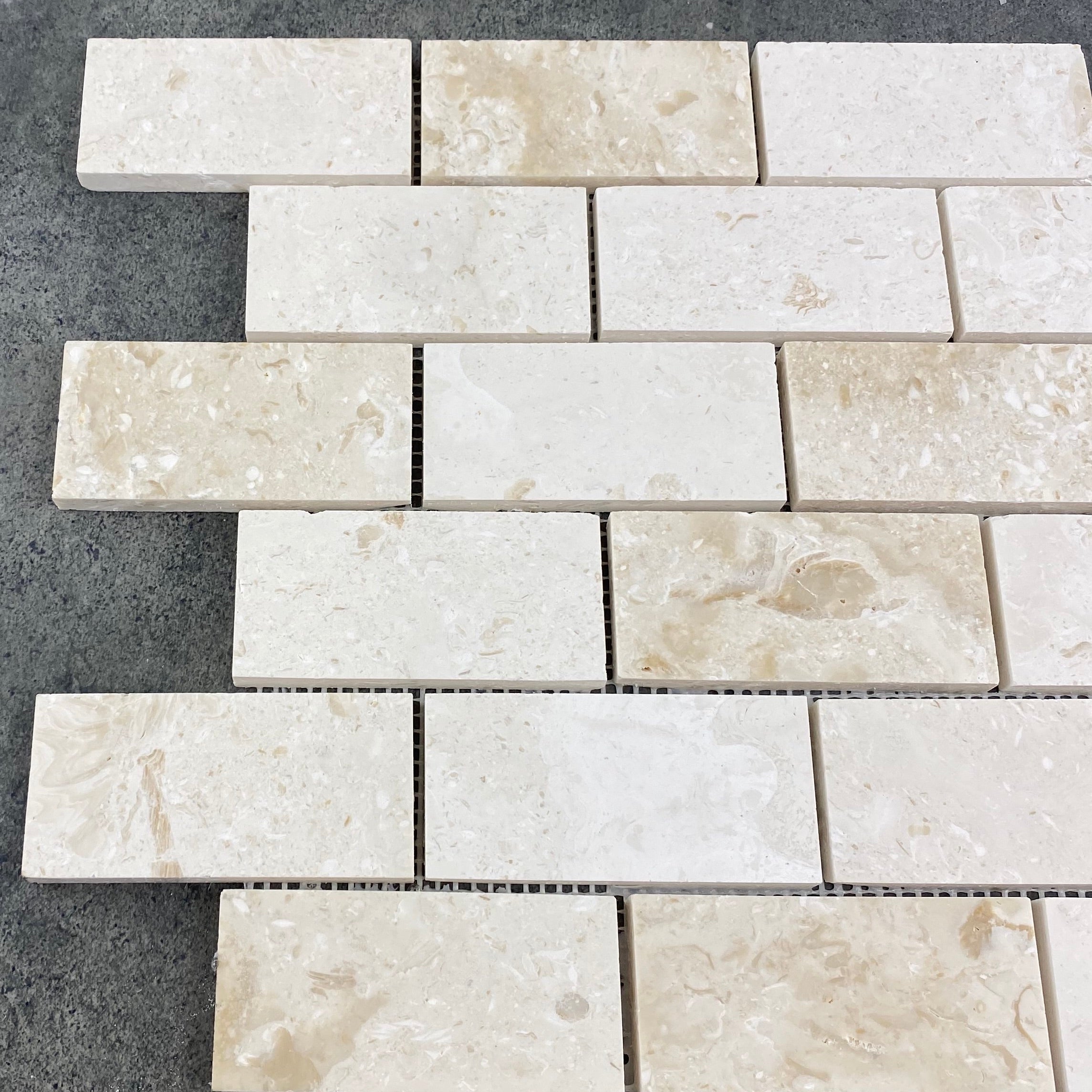 Shell Stone Limestone Brick Mosaic Tile - Honed 2x4 Mesh Backed