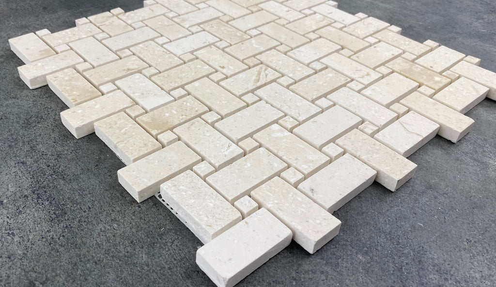 Natural Limestone Basketweave Mosaic Tile 12x12 - Soft White Beige Tones Pre Mounted