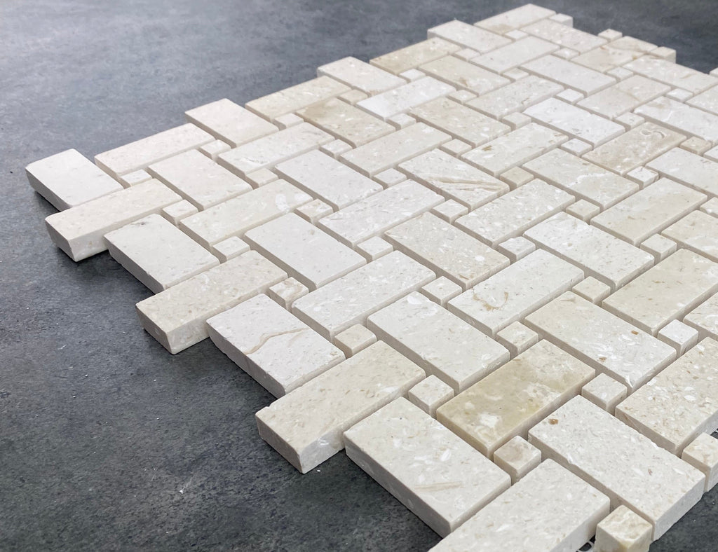 Natural Limestone Basketweave Mosaic Tile 12x12 - Soft White Beige Tones Pre Mounted