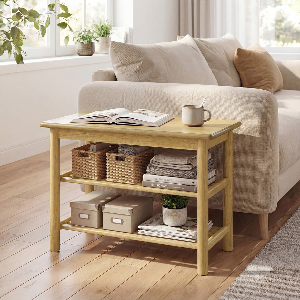 Shoe Rack Bench 3-Tier Rubberwood Shoe Changing Bench-Natrual