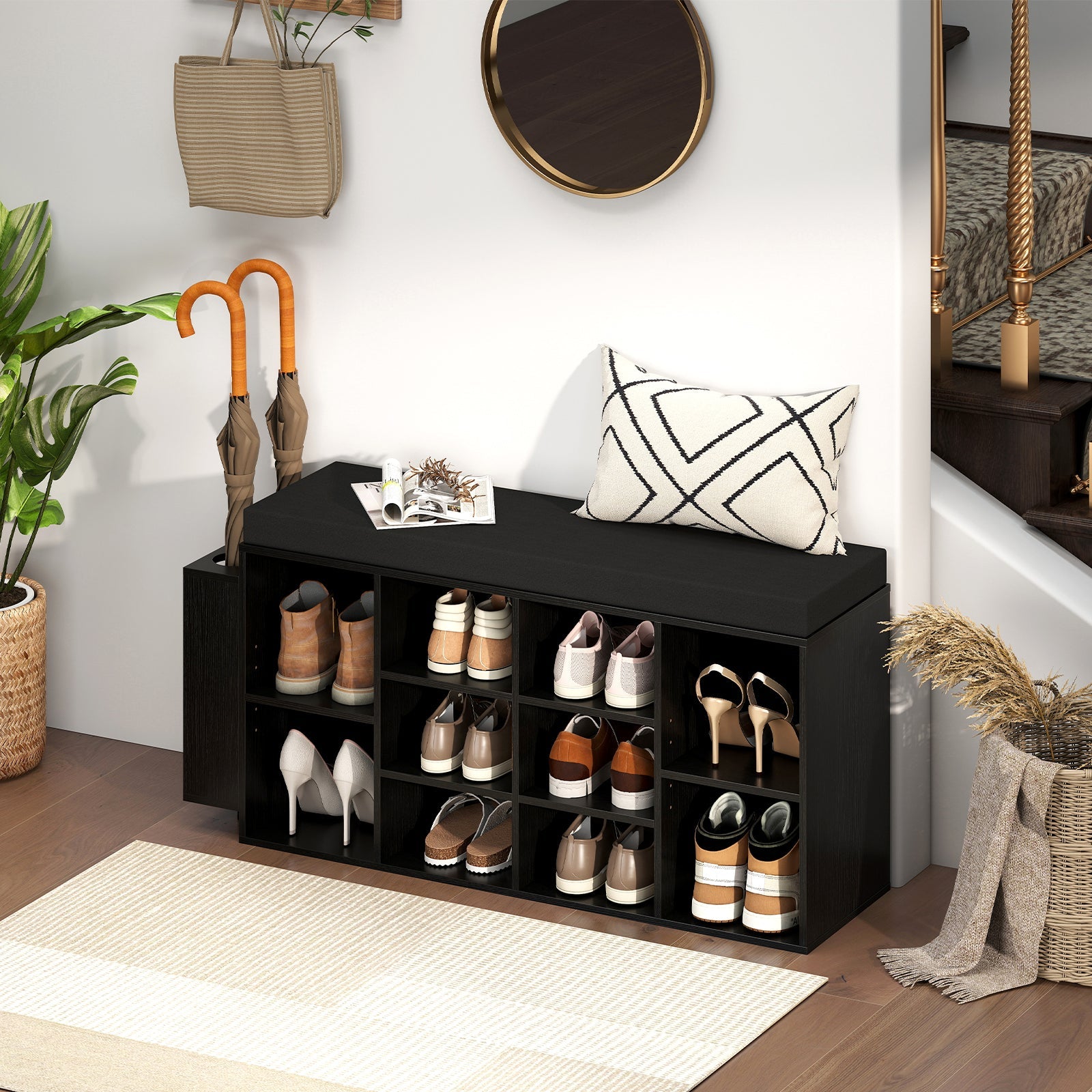 Shoe Storage Bench with Umbrella Stand 10-Cubby Entryway Shoe Rack Organizer