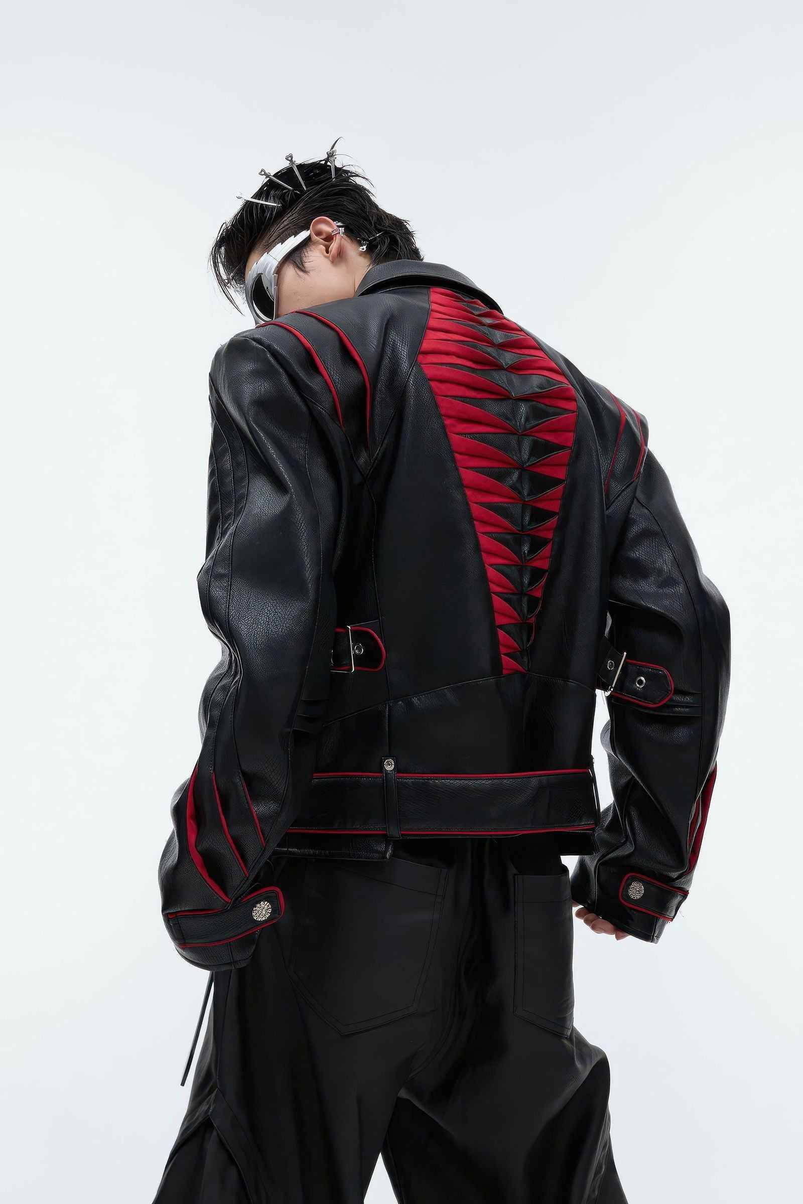 Short Deconstructed Biker Leather Jacket - Pleated Spine and Heavy Stitching