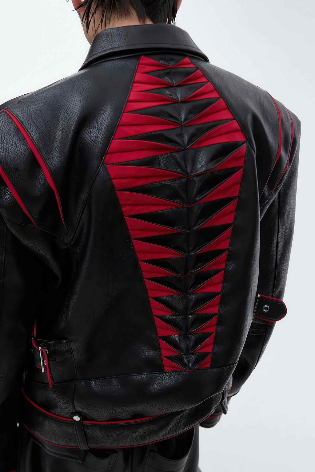 Short Deconstructed Biker Leather Jacket - Pleated Spine and Heavy Stitching