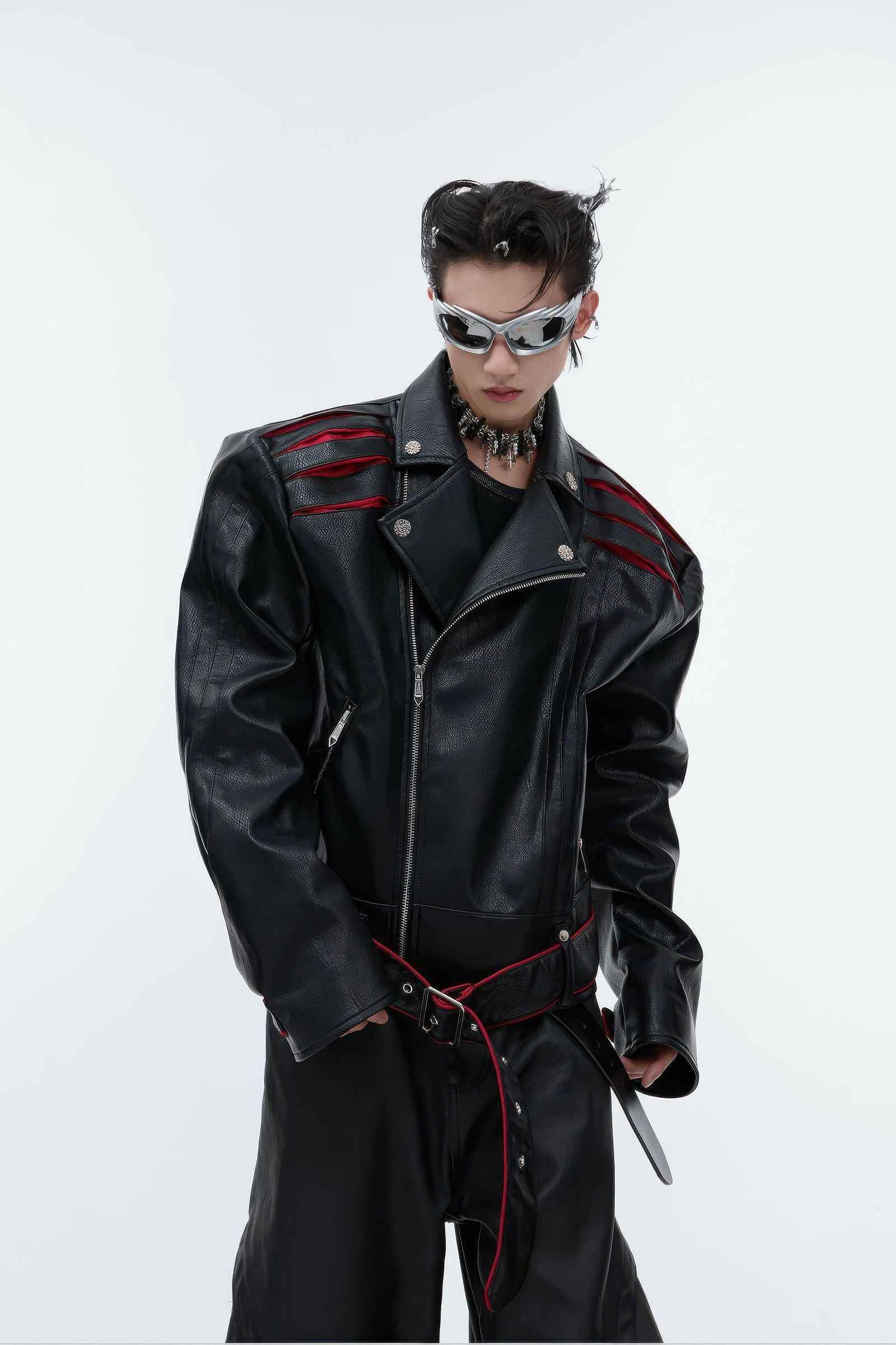 Short Deconstructed Biker Leather Jacket - Pleated Spine and Heavy Stitching