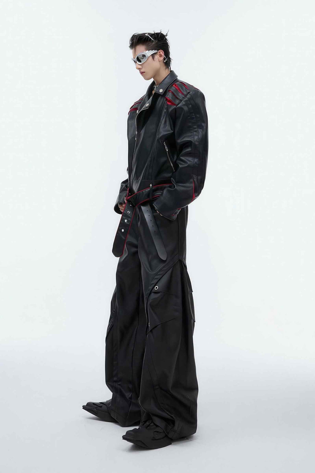 Short Deconstructed Biker Leather Jacket - Pleated Spine and Heavy Stitching