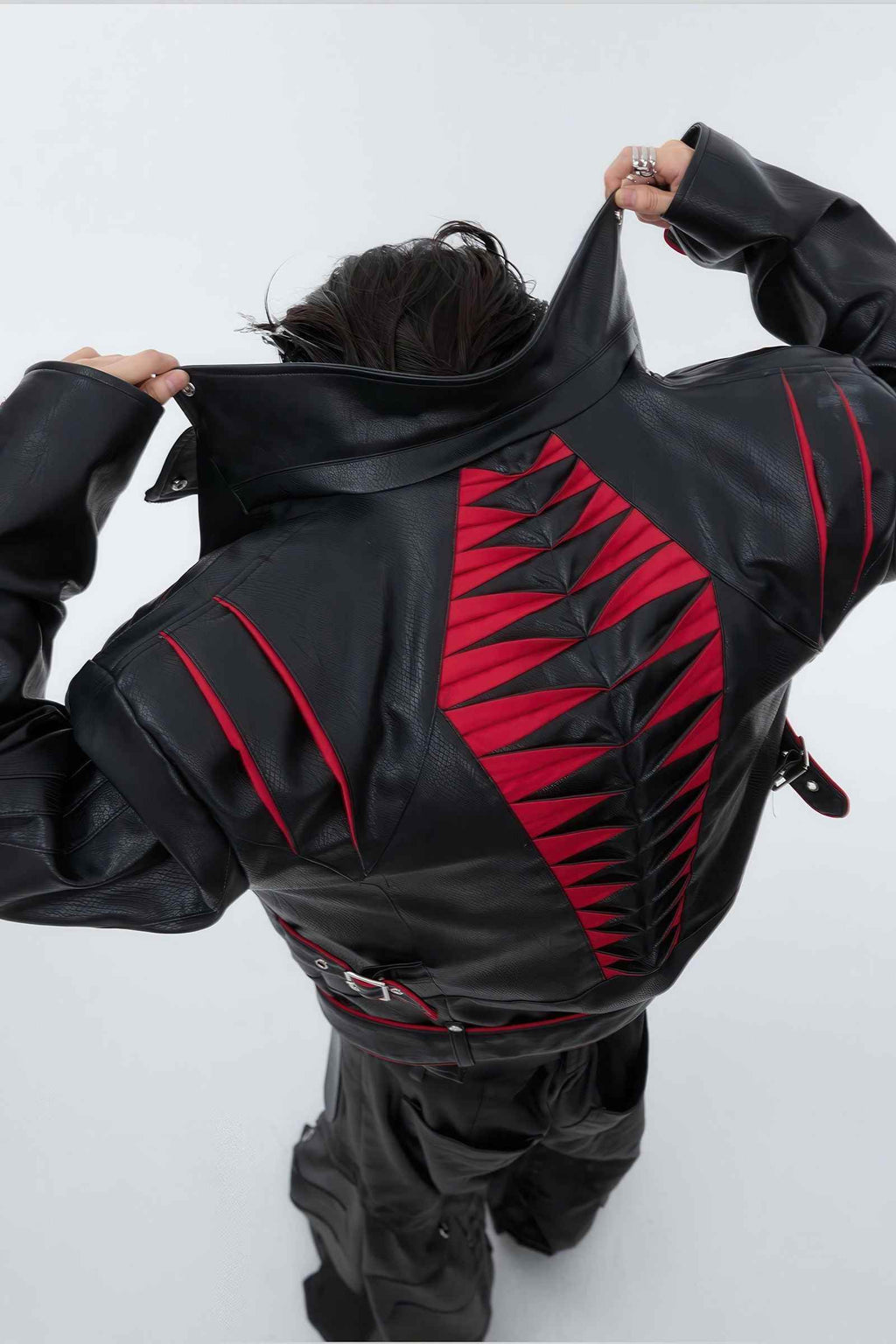 Short Deconstructed Biker Leather Jacket - Pleated Spine and Heavy Stitching