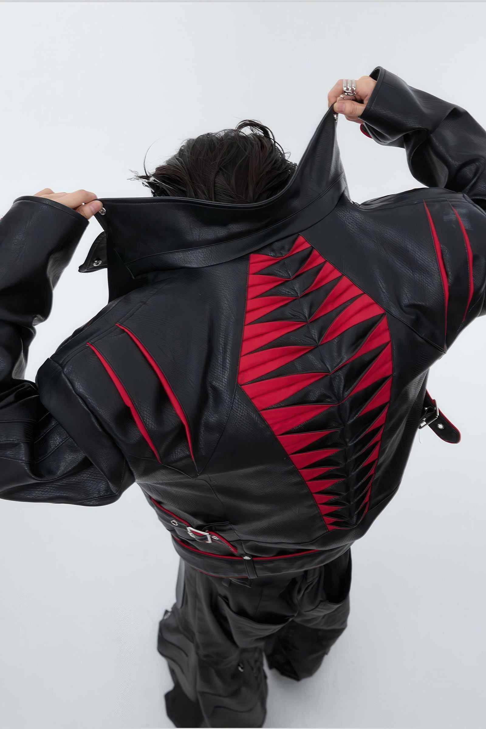 Short Deconstructed Biker Leather Jacket - Pleated Spine and Heavy Stitching
