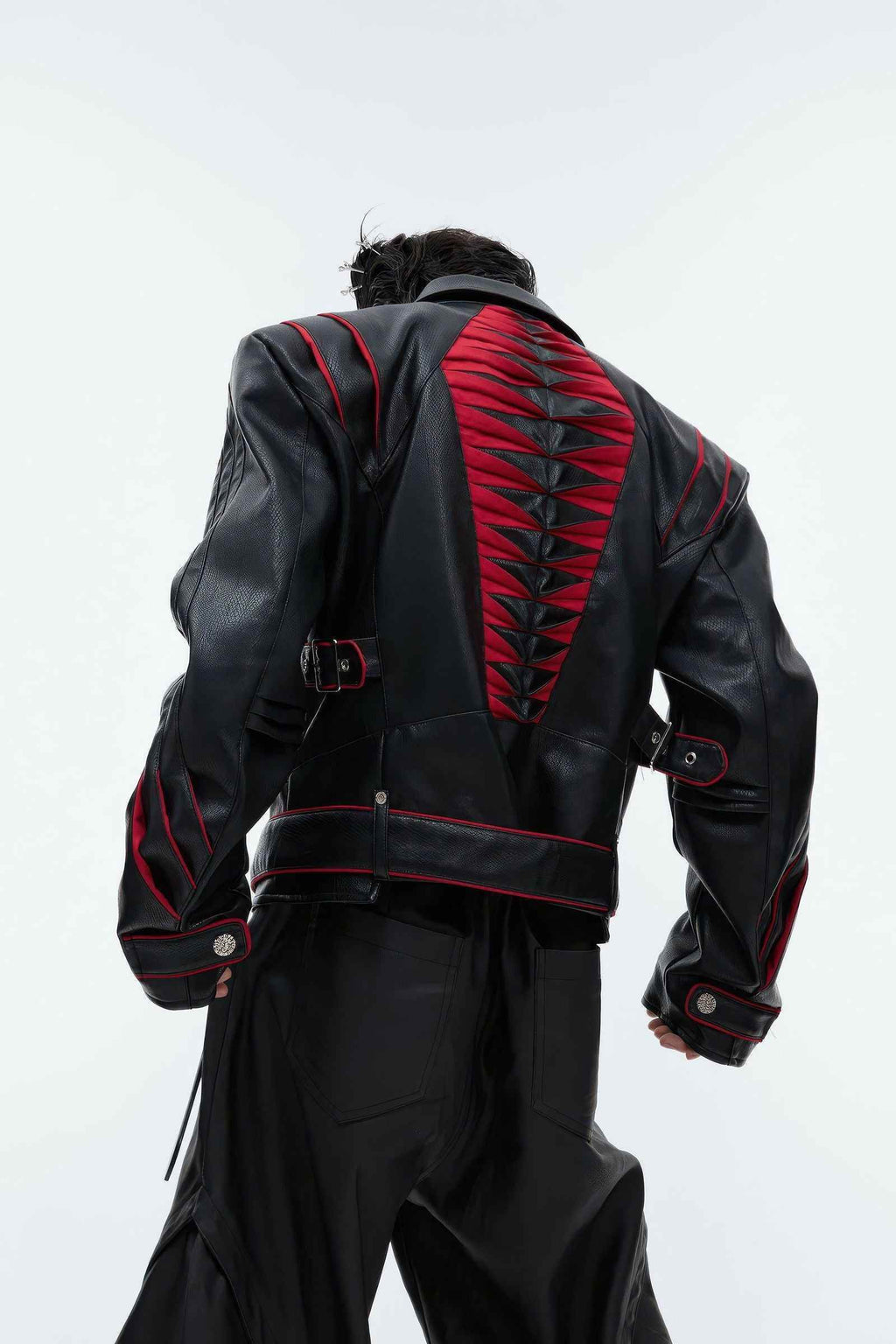 Short Deconstructed Biker Leather Jacket - Pleated Spine and Heavy Stitching