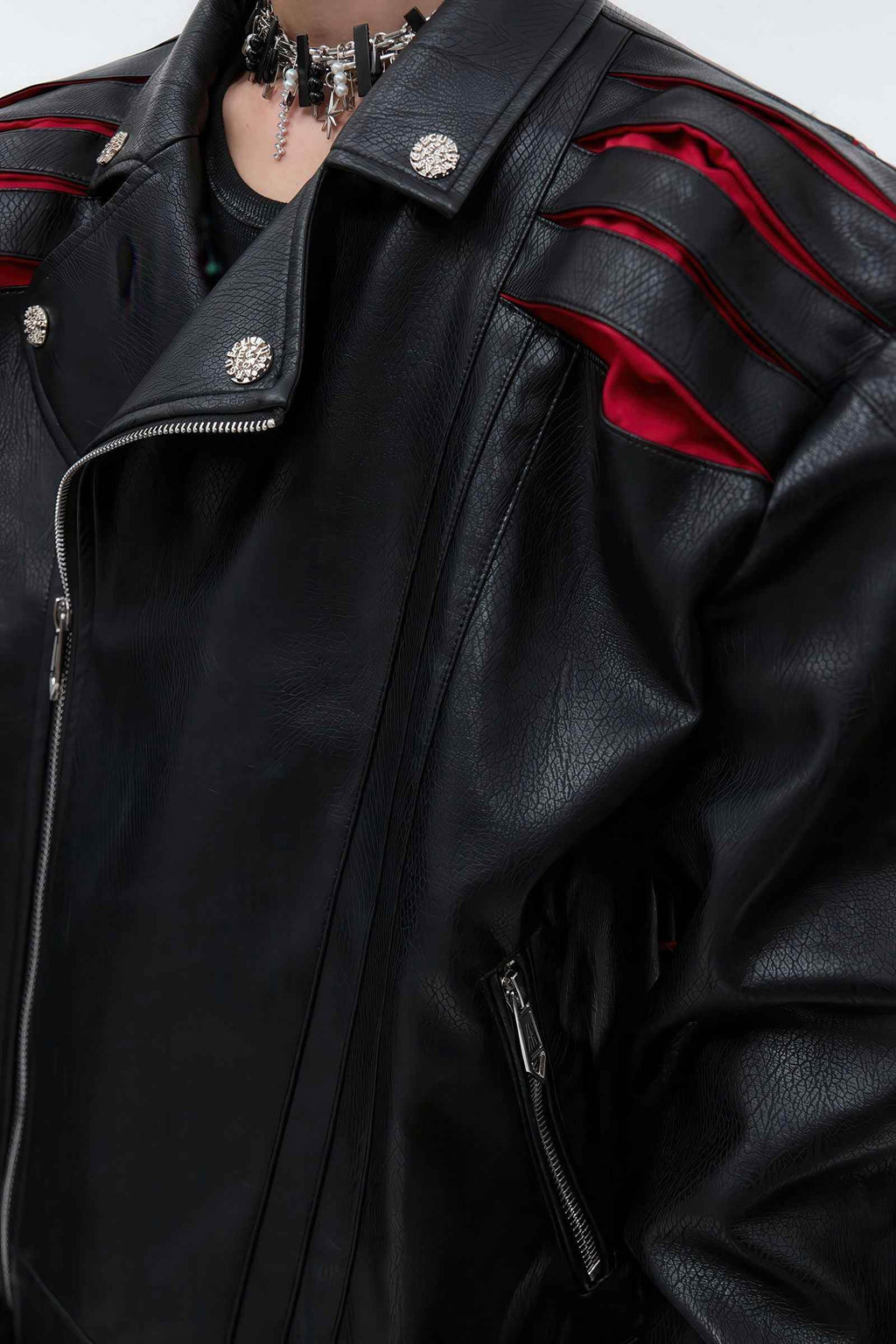 Short Deconstructed Biker Leather Jacket - Pleated Spine and Heavy Stitching