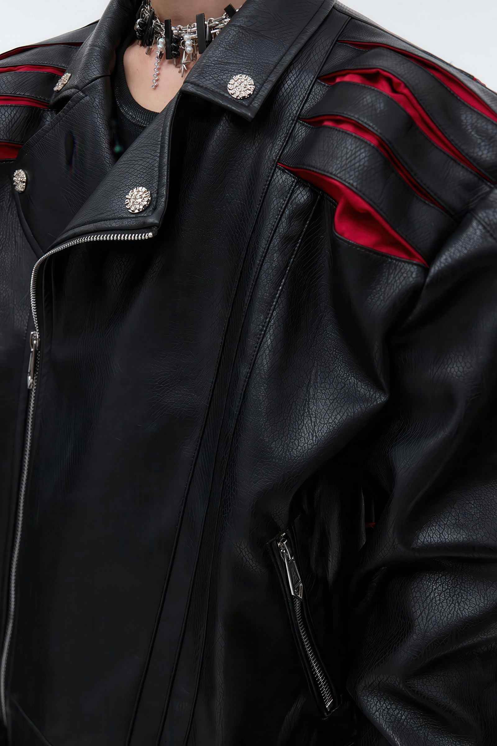 Short Deconstructed Biker Leather Jacket - Pleated Spine and Heavy Stitching