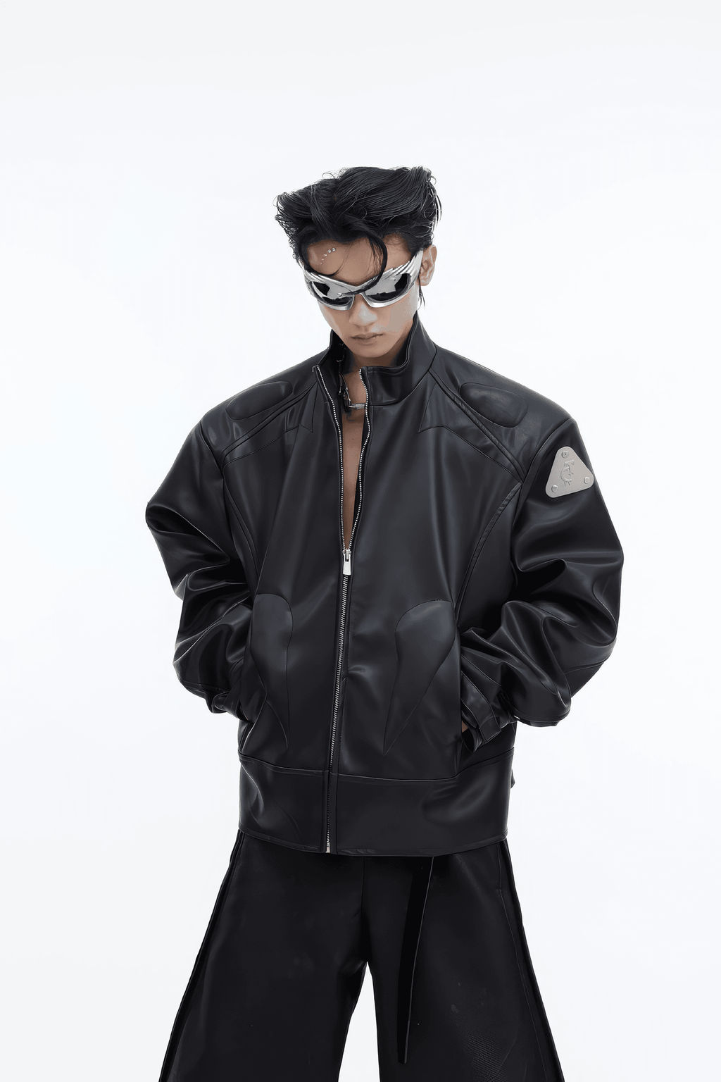 Short Leather Jacket – Modern Sculptural Design with Metal Logo