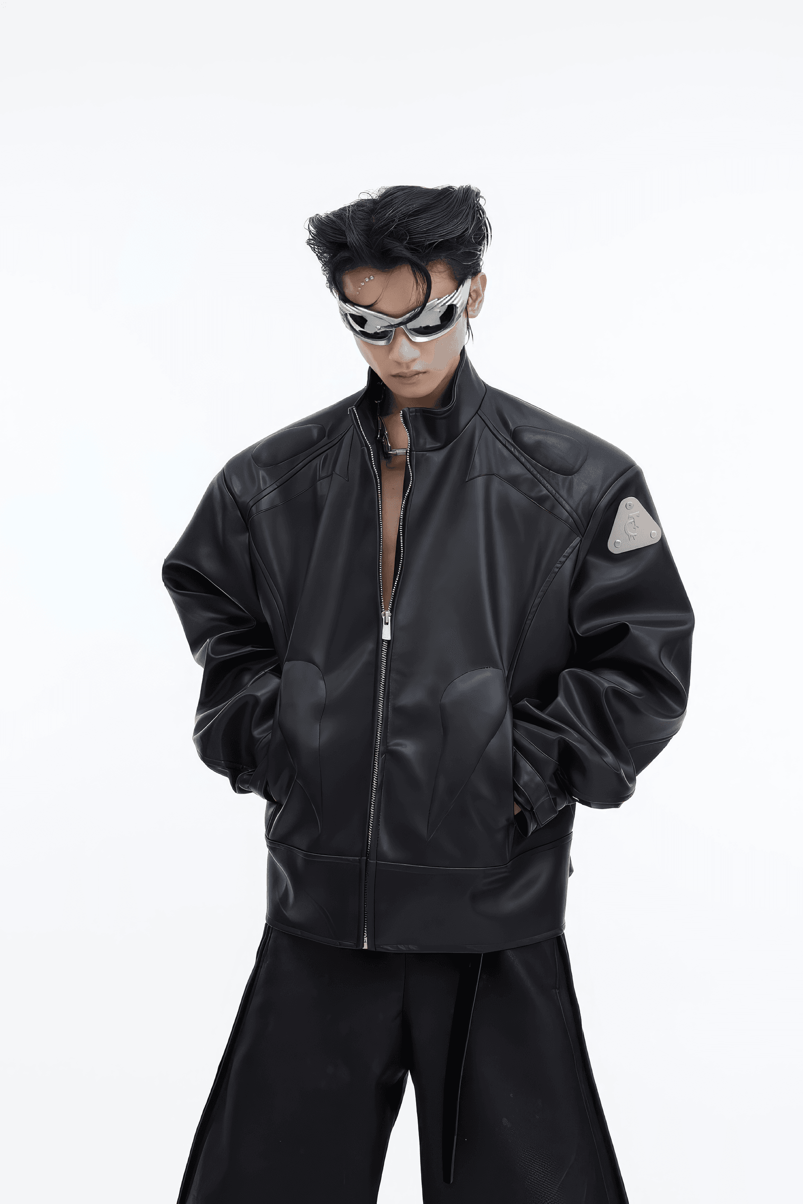 Short Leather Jacket – Modern Sculptural Design with Metal Logo