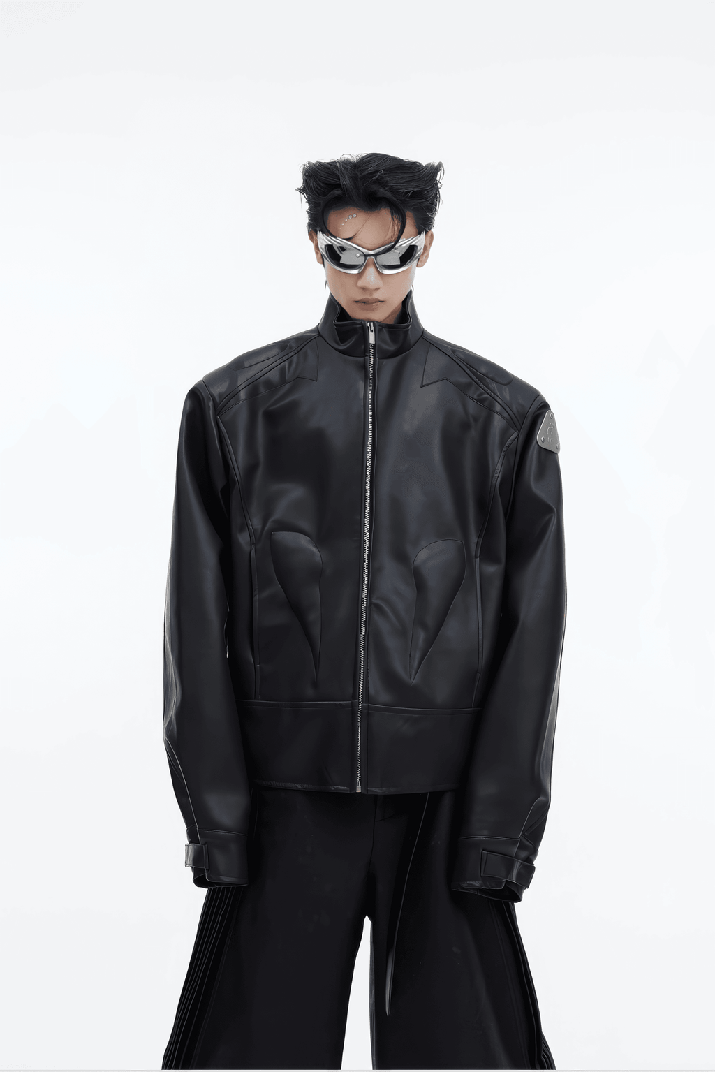 Short Leather Jacket – Modern Sculptural Design with Metal Logo