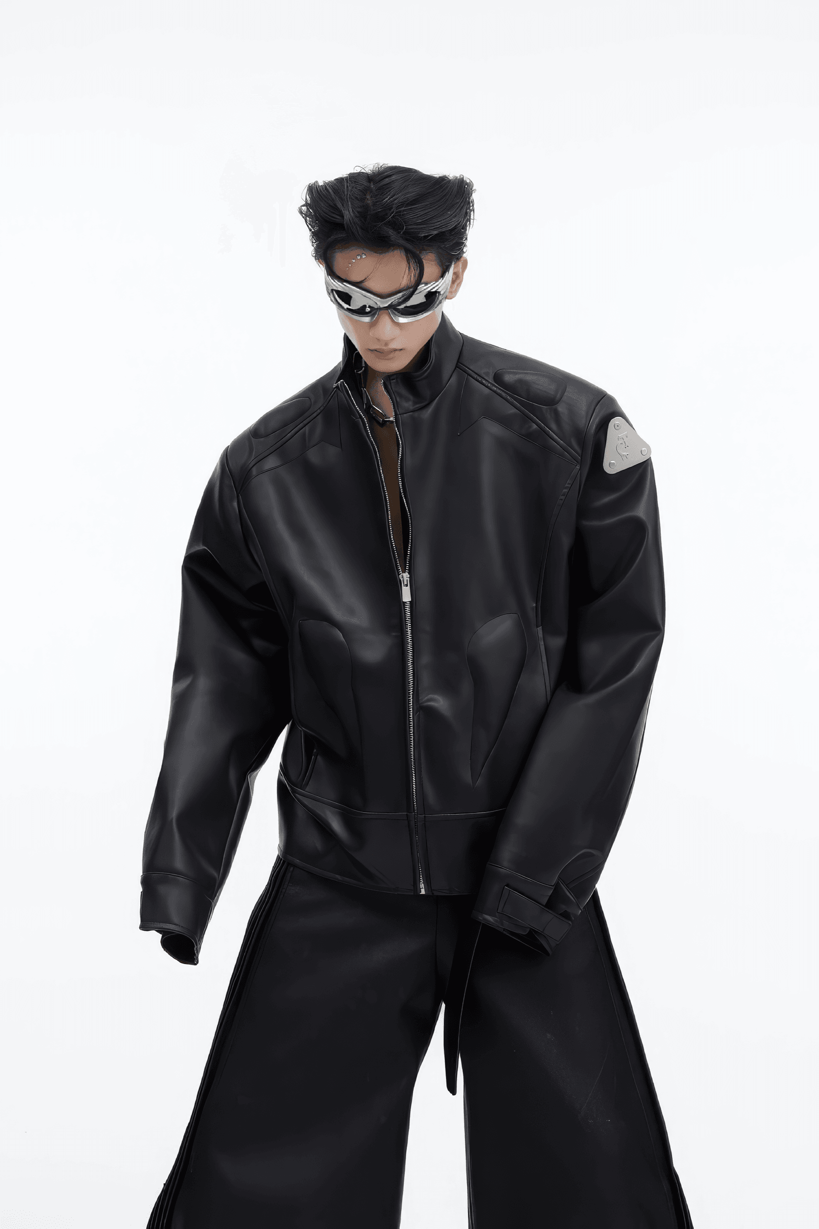 Short Leather Jacket – Modern Sculptural Design with Metal Logo
