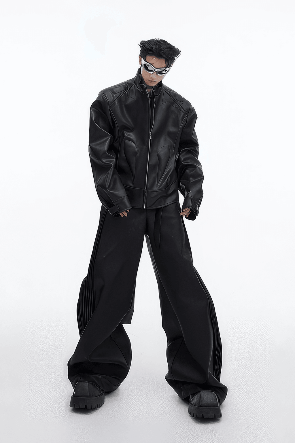 Short Leather Jacket – Modern Sculptural Design with Metal Logo