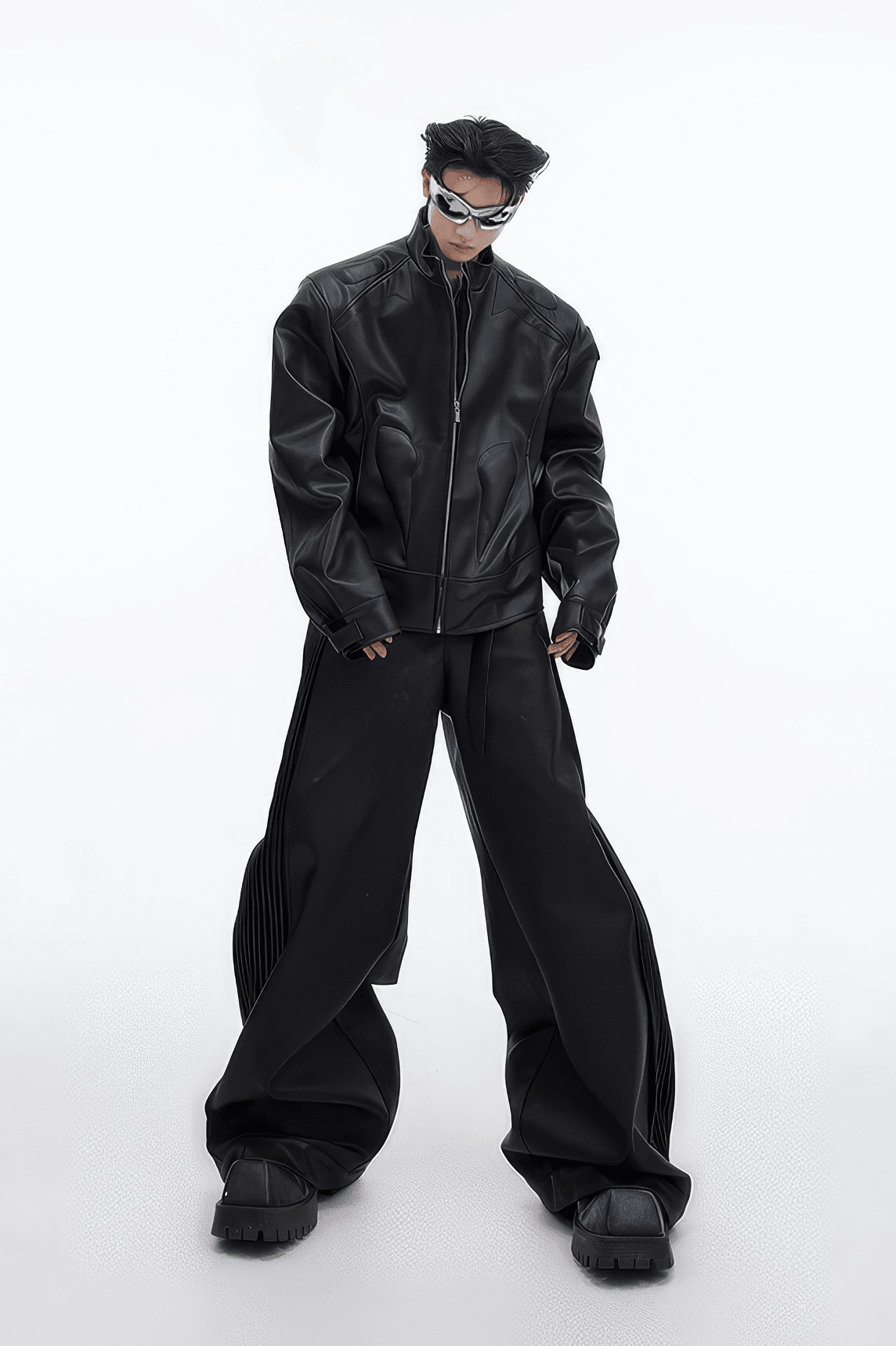 Short Leather Jacket – Modern Sculptural Design with Metal Logo