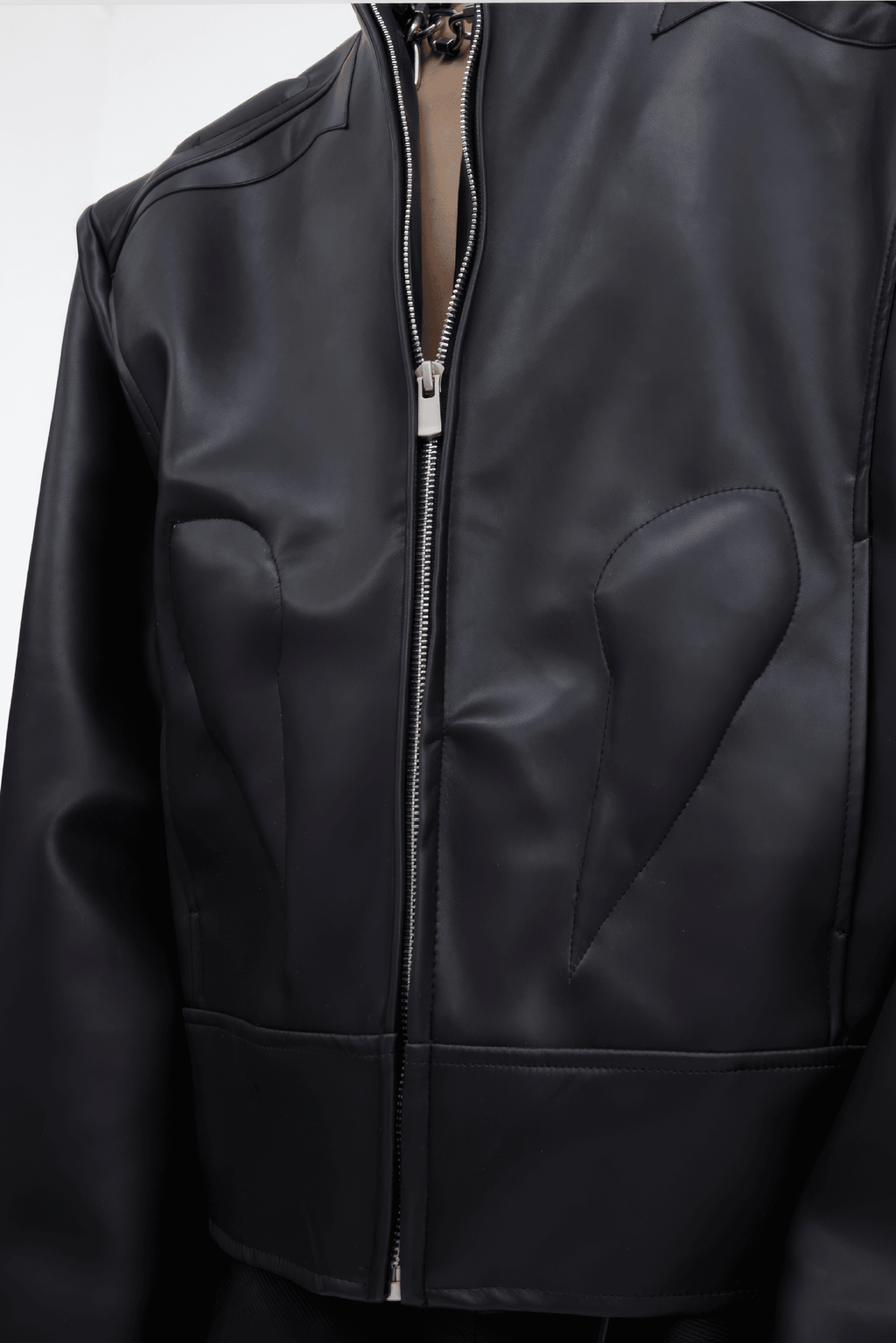 Short Leather Jacket – Modern Sculptural Design with Metal Logo
