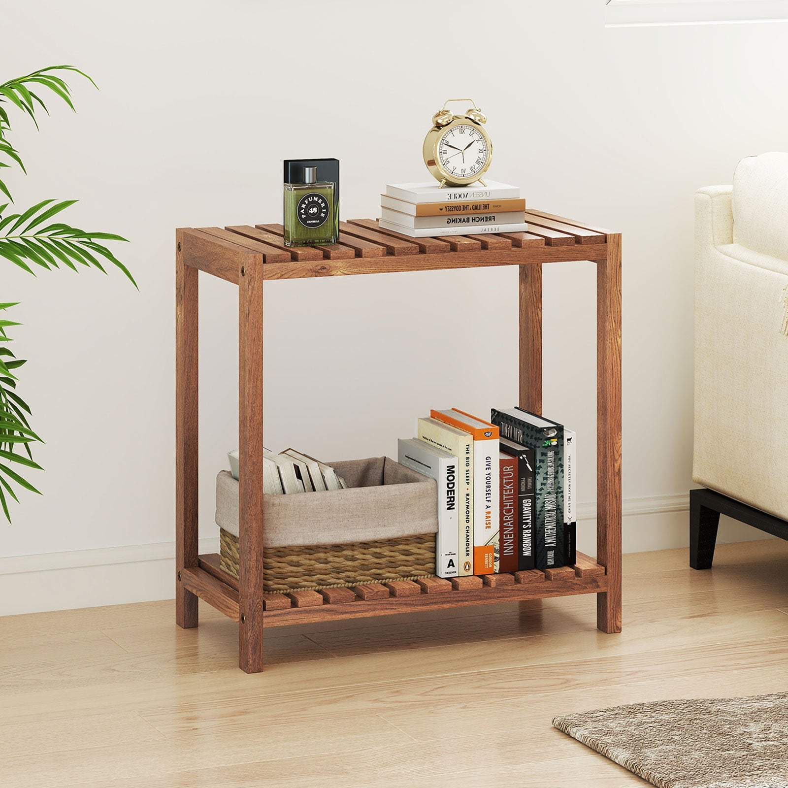 2/3-Tier Side Table Teak Wood Stand Utility Storage Shelf-3