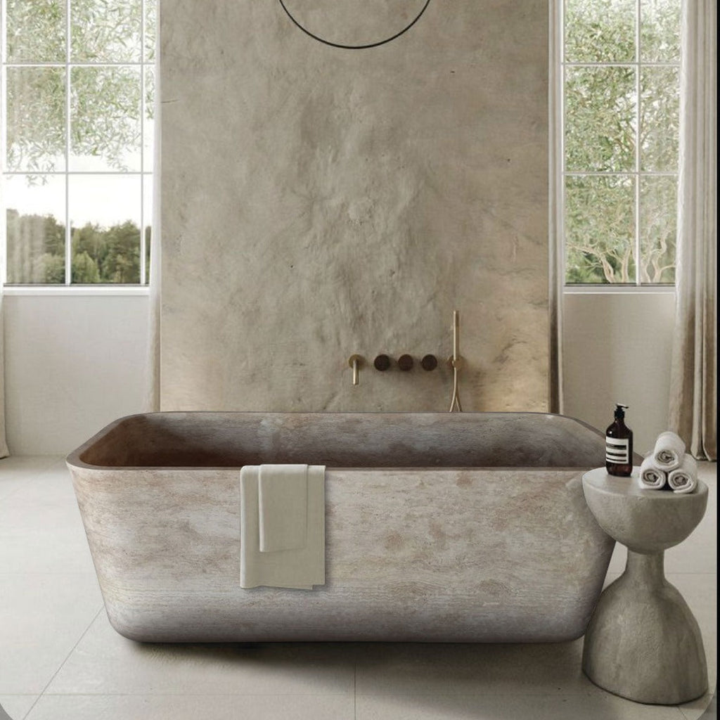 Travertine Hand-Carved Natural Stone Bathtub Silver Beige 32x60