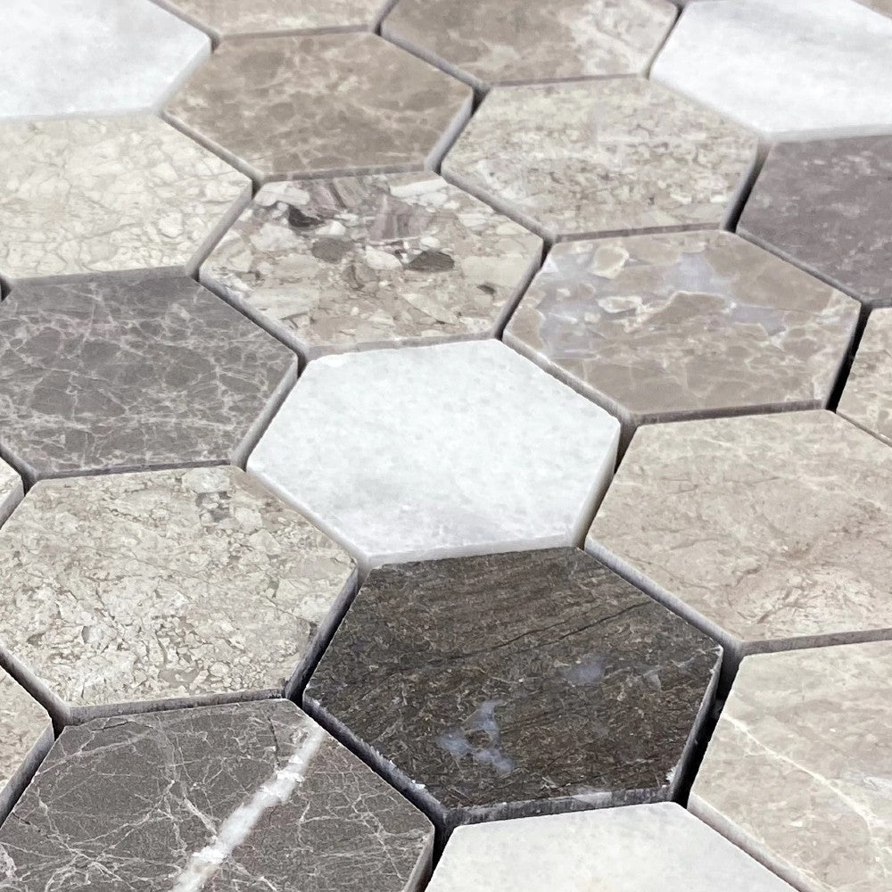 Silver Shadow Carrara White Marble Mosaic Tile - 2 Inch Hexagon