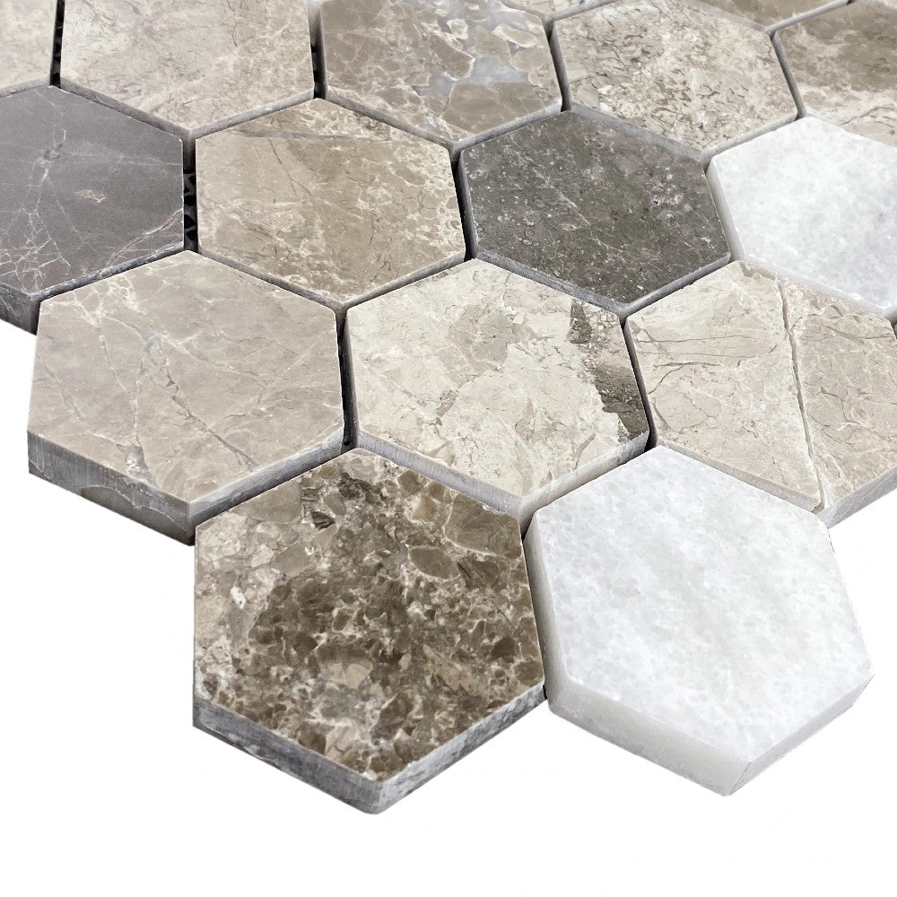 Silver Shadow Carrara White Marble Mosaic Tile - 2 Inch Hexagon