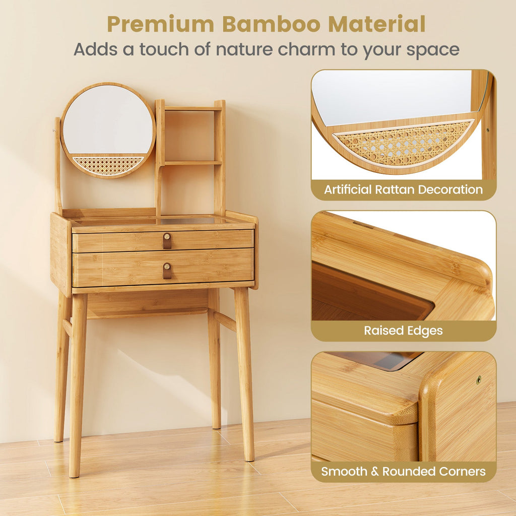 Small Vanity Desk and Stool Set with Mirror and 2 Drawers