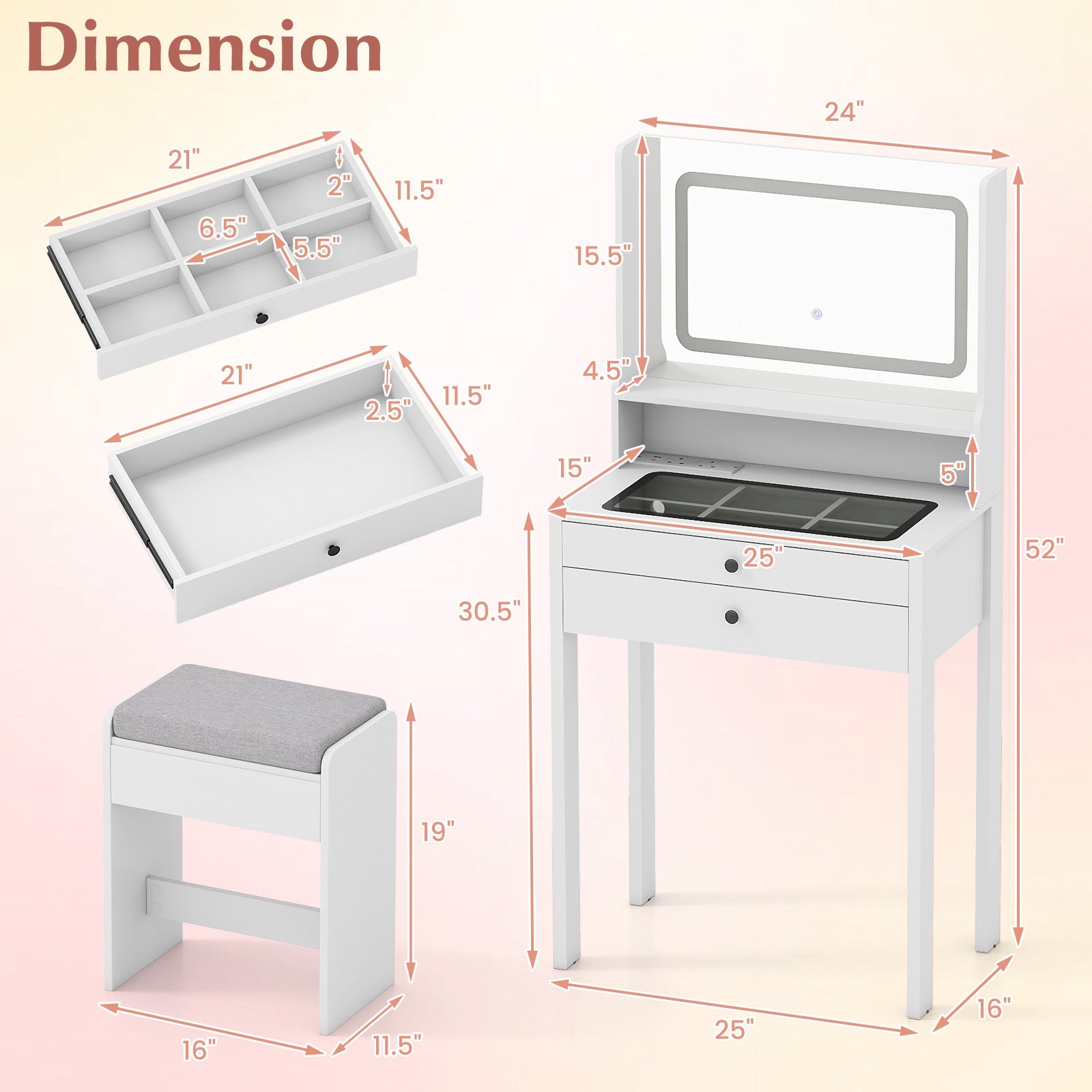 Small Vanity Desk with Mirror and Lights for Bedroom