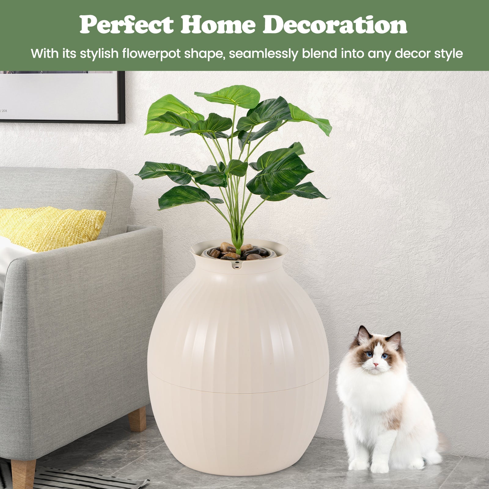 Smart Plant Cat Litter Box with Electronic Odor Removal & Sterilization-Beige