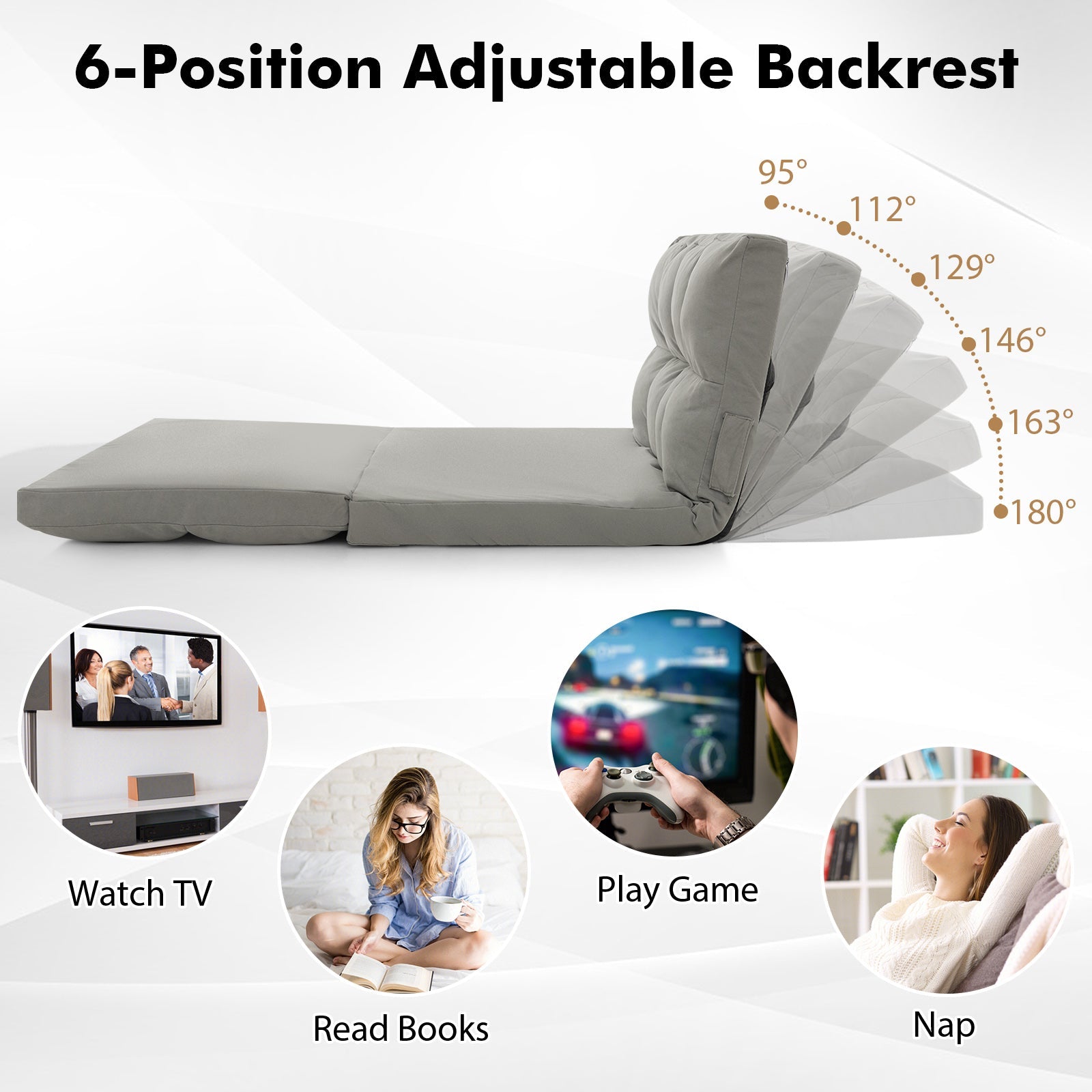 Floor Sofa Bed with 6 Positions Adjustable Backrest Skin-friendly Velvet Cover