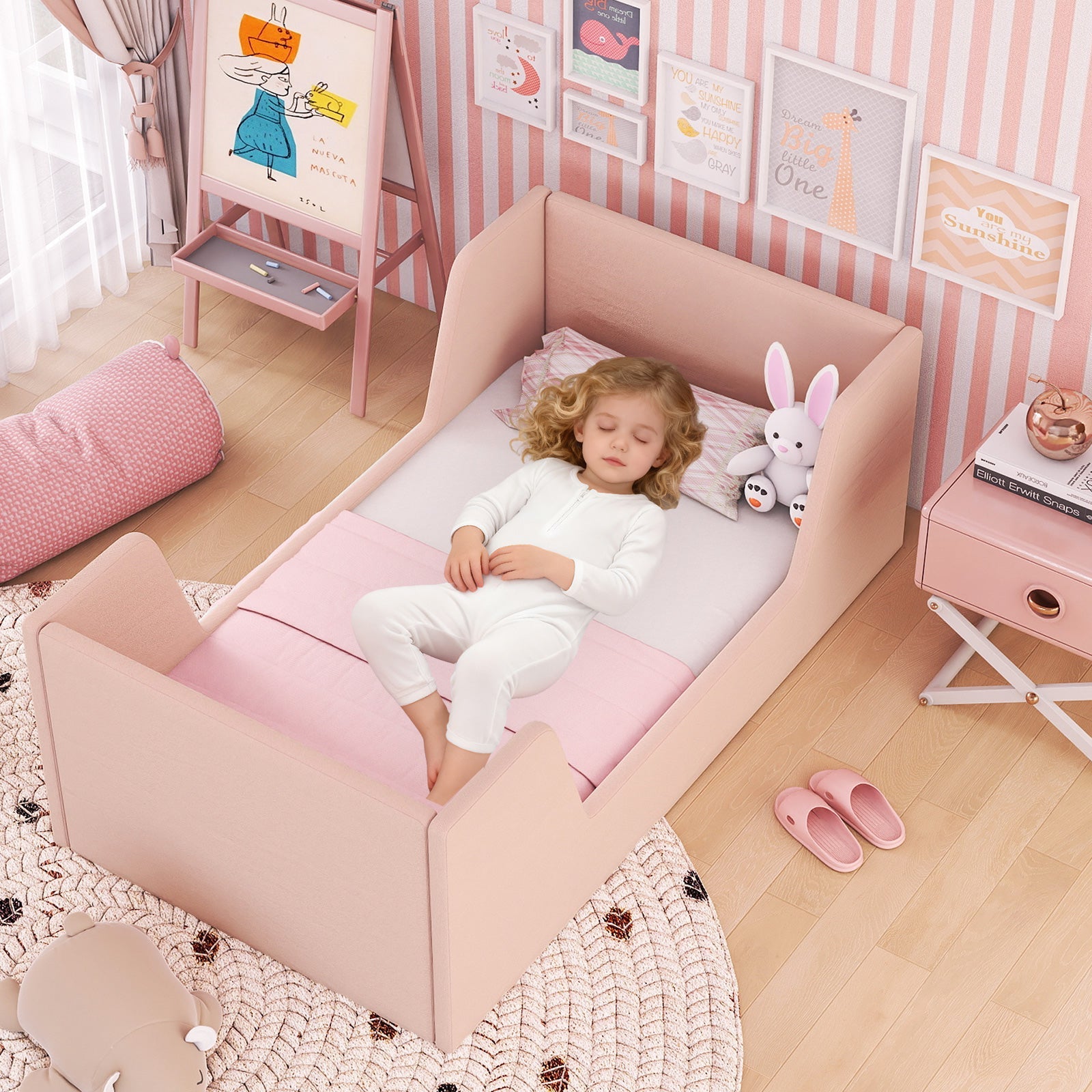 Soft Velvet Fabric Toddler Bed Frame with Safety Rails