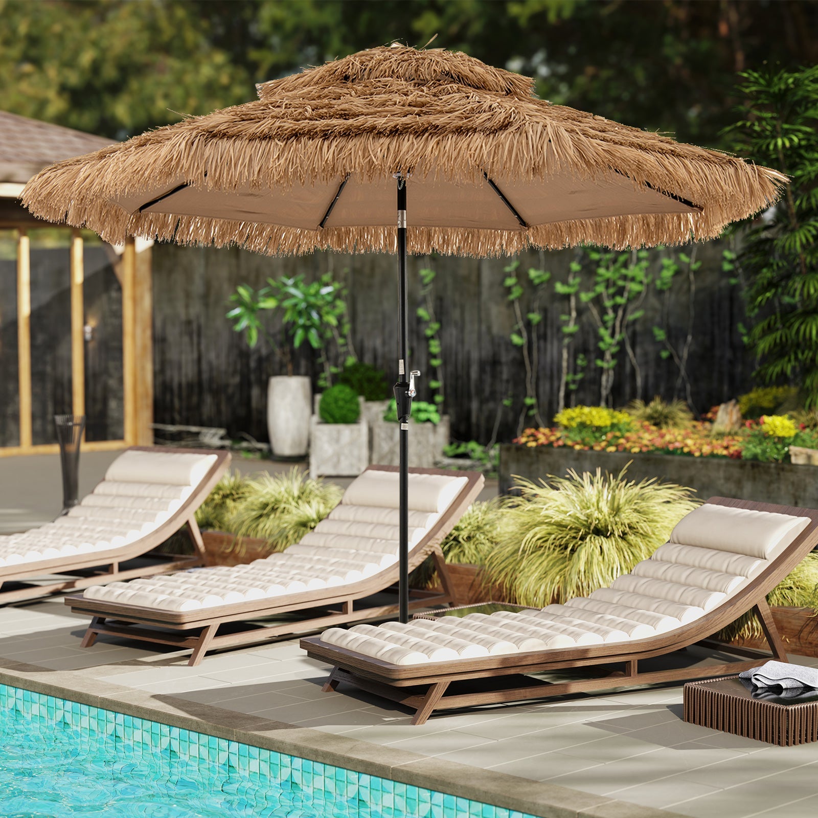10 Feet Hawaiian Style Solar Lighted Thatched Tiki Patio Umbrella