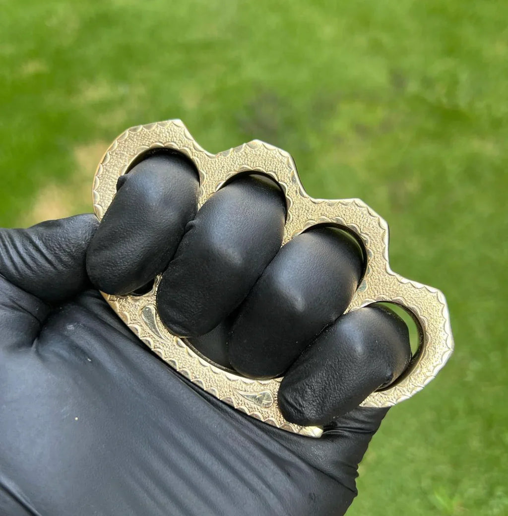 Engraved Brass Knuckles with Belt Loop Leather Case – Solid Brass Self Defense Gear