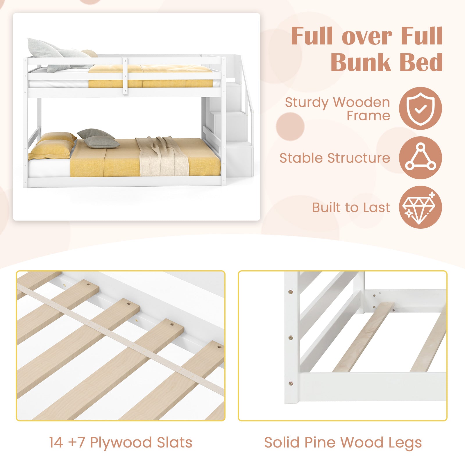 Solid Wood Full Over Full Low Bunk Bed with Storage Stairs