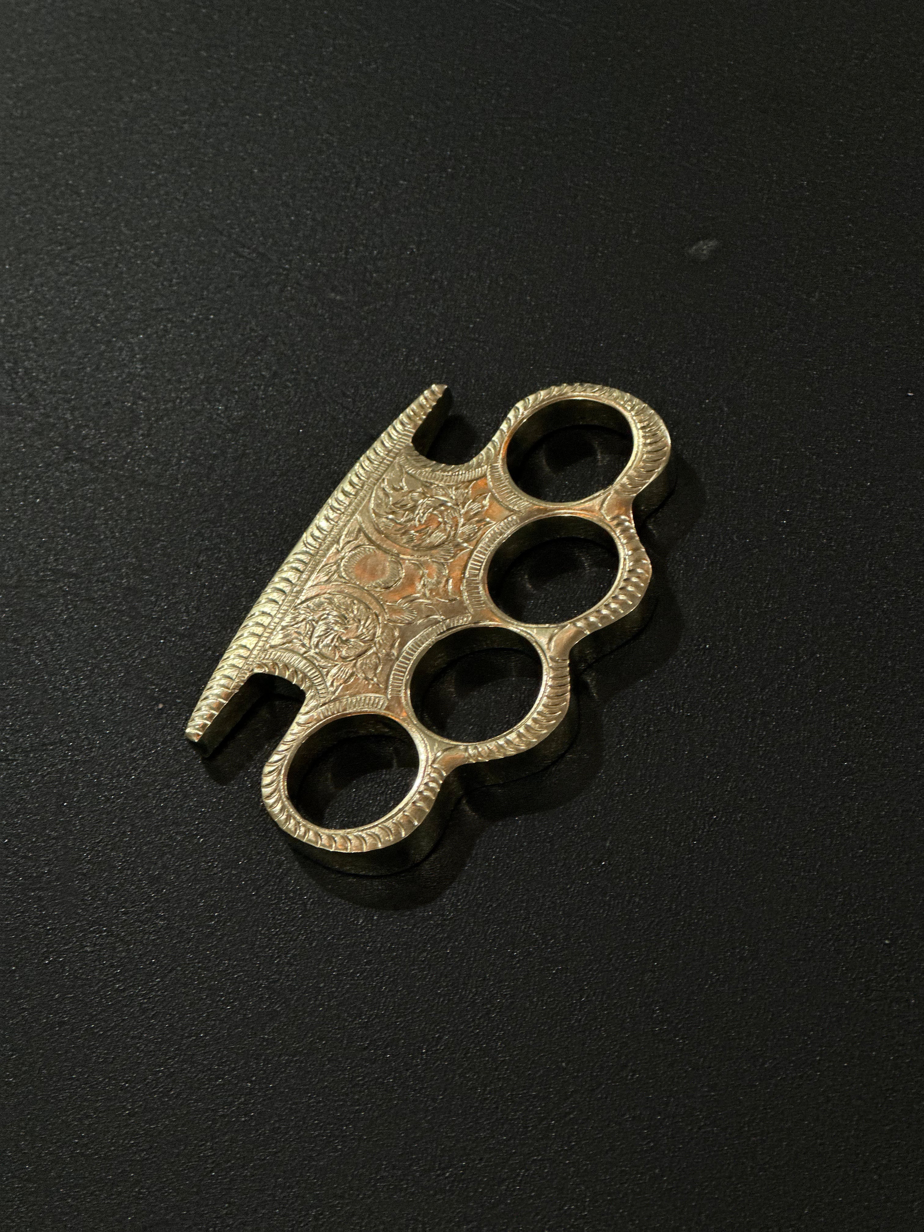 Custom Handmade Brass Engraved Knuckle Duster with Belt Loop Leather Case – Solid Brass Self-Defense Tool