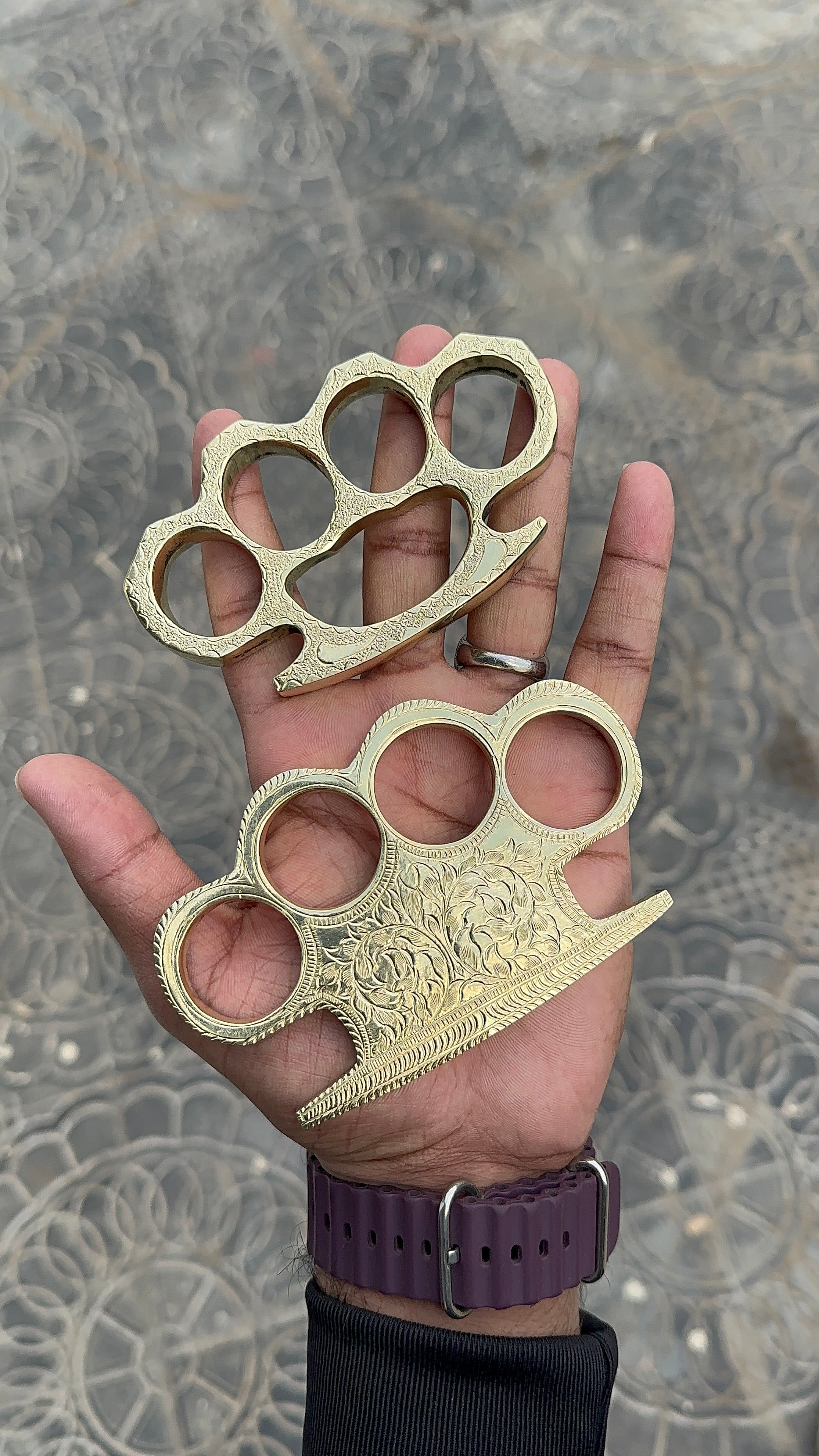 Unique Handmade Brass Engraved Knuckle with Leather Case - Solid Brass for Self-Defense