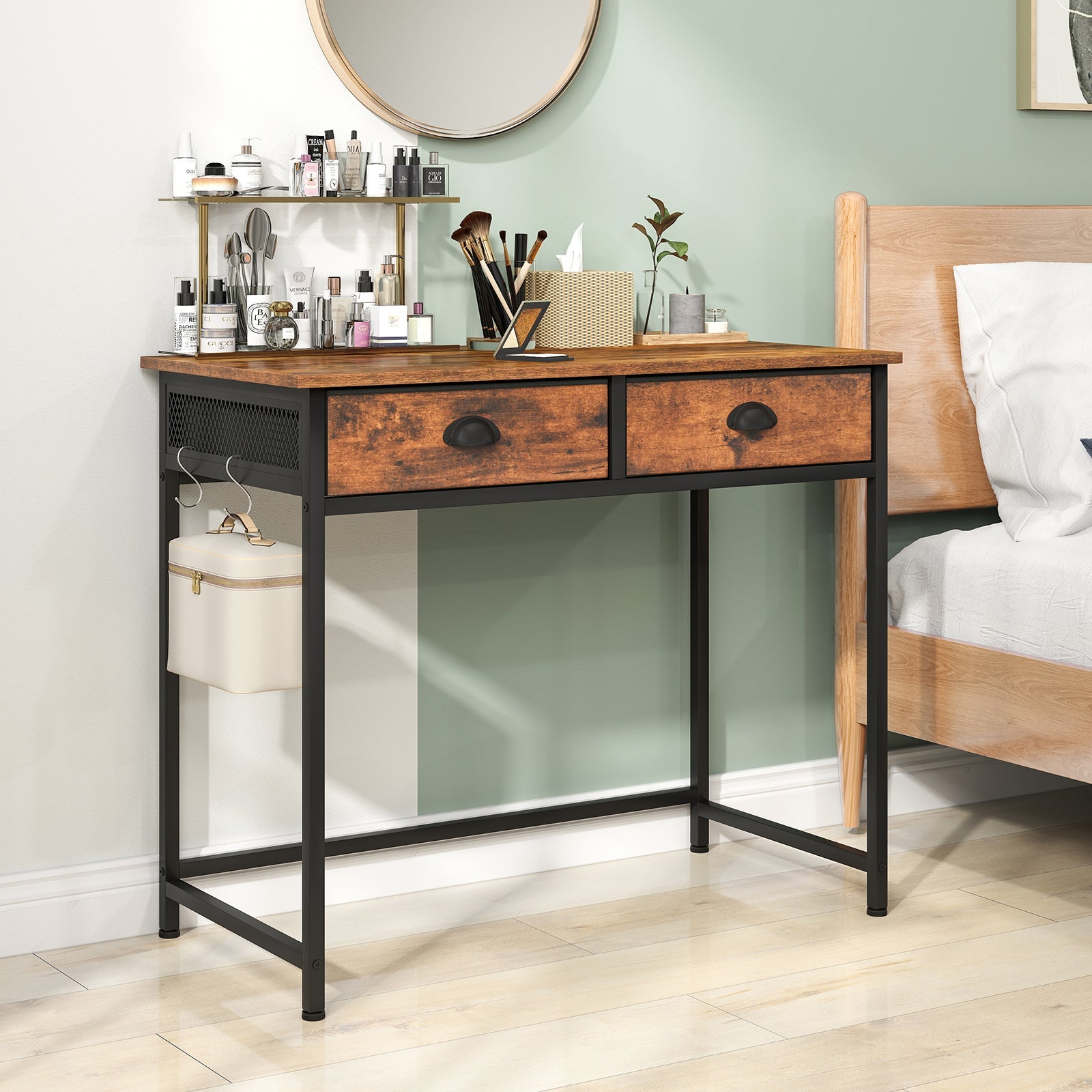 Space Saving Home Office Desk with 2 Fabric Drawers and 4 Hanging Hooks
