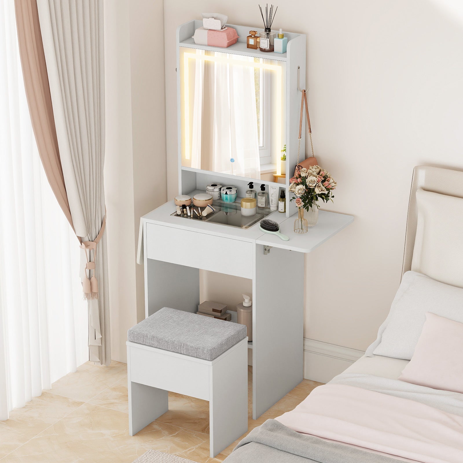 Space-saving Vanity Desk with Mirror and Lights for Bedroom