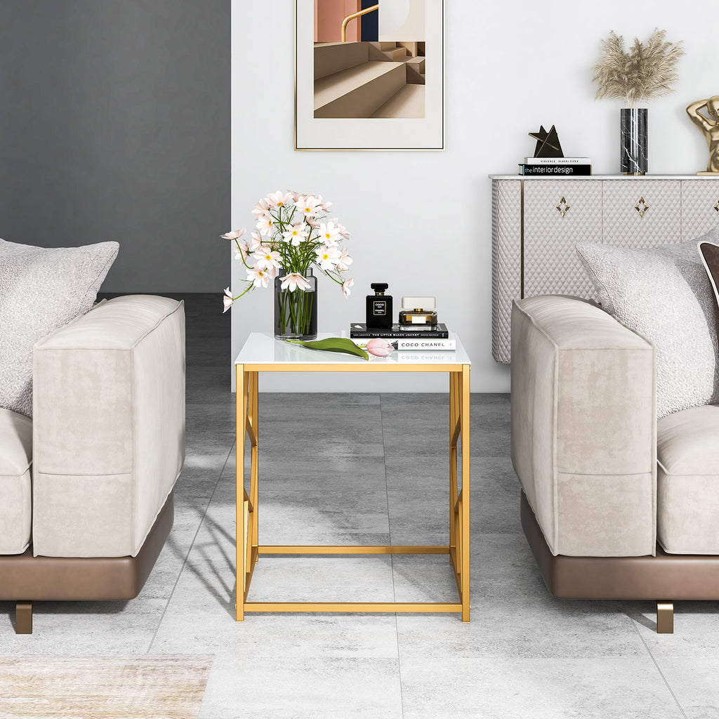 Square End Table with Tempered Glass Tabletop and Gold Finish Geometric Frame-Golden